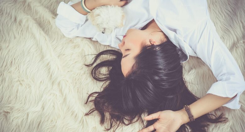 girl, sleep, lying down, dog, pet, owner, asian, asian woman, animal, young woman, upside down, asleep, sleeping, sleeping woman, female, woman, dreaming, portrait, resting, relax, dream